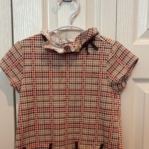 Janie and Jack Beige and Brown Plaid Short Sleeve Top with Ruffle Collar